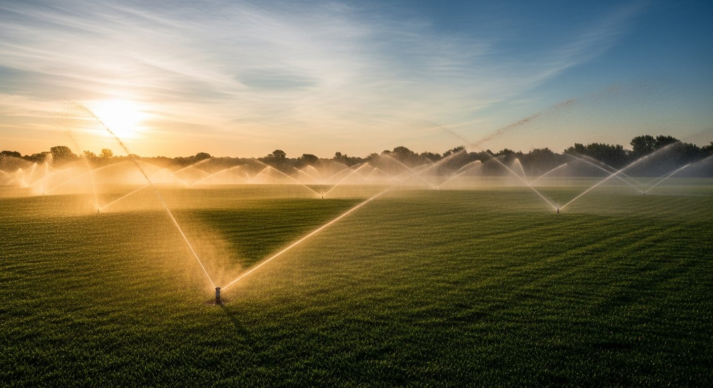 Commercial sprinkler system watering a large green lawn