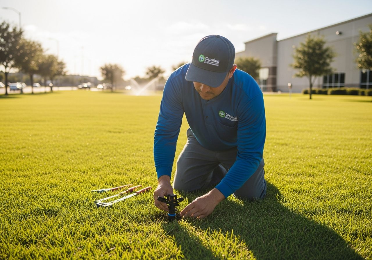 Irrigation technician inspecting a commercial sprinkler system